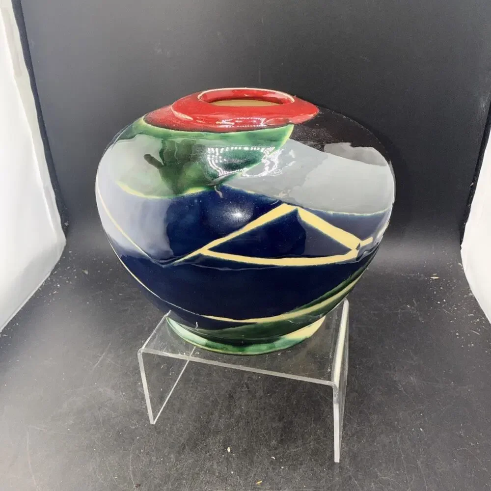 KLER Signed Studio Art Pottery Abstract Modern Glazed Vase Red Blue Green